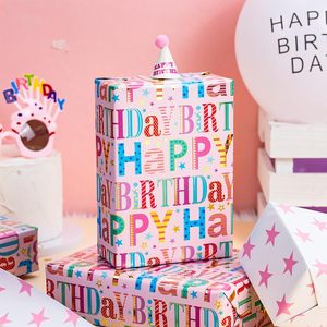 Pink Birthday Wrapping Paper Roll 17in x 16.5ft Double Sided Colorful Letters Stars Reversible Gift <b>Wrap</b> - Product Image 4