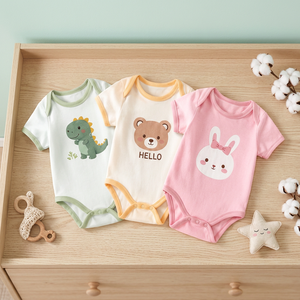 Yantex Baby Bodysuit Short Sleeve Romper <b>Animal</b> Print Snap Button Breathable Casual Cotton <b>Knitted</b> Infant One Piece Summer Wear - Product Image 1