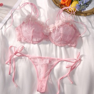 3PCS Flower <b>Lace</b> Sexy Underwear Set Women Transparent Bra Panty Sets 2024 Sexy Lingerie Underwear <b>Pink</b> Sexy Underwear for Women - Product Image 2
