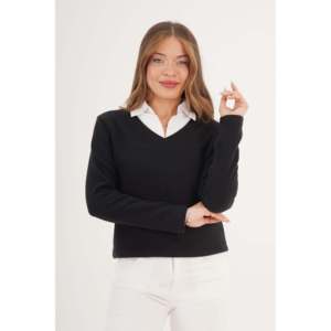 Chemise élégante en tricot noir pour femme avec col contrastant, idéale pour le bureau - Product Image 3