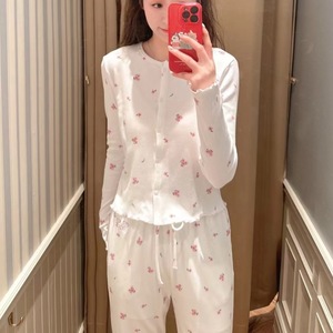 Conjuntos de ropa de casa para mujer Algodón puro Suave Dibujos animados bonitos Flor de cerezo Impreso Cuello redondo Manga larga Encaje Floral Cintura elástica - Product Image 3