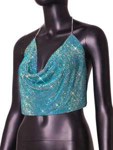 <strong>Sparkly</strong> Crystal Cowl Neck Backless Cami <strong>Top</strong> for Women Evening Party Clubwear Sleeveless Crop <strong>Vest</strong> Women's Cami <strong>Top</strong> - Product Image 4