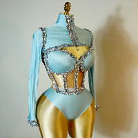 Combinaison de performance pour femme de qualité supérieure, sexy, style Drag Queen, en maille transparente ornée de strass néon, en Spandex/Coton, à manches longues, bleue