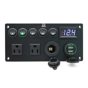 5 Gang Boat Switch Panel Marine with 3 Sockets AC Power Outlet Dual USB Voltmeter Display Round Rocker Toggle Switch