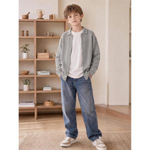 Cardigan à col pour garçons, boutonné, en laine acrylique, manches longues, uniforme, vêtements d'extérieur d'automne pour enfants et jeunes - Product Image 5
