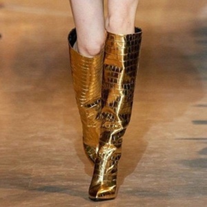 2021 New Model Dress Heel Boots Stone Print <b>Pointed</b> Toe Gold on Calf Boots for Lady Knee High Fashion Shoes Women - Product Image 2