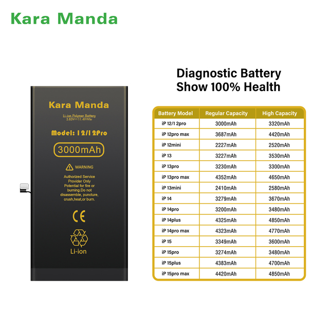 Kara Manda OEM Phone Batteries for iPhone Battery with Diagnostic Protection Board Shows 100% Battery Health for iPhone 12 12Pro