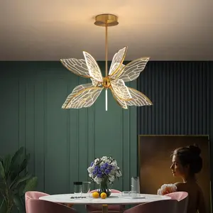 Moderne Papillon Salon LED Pendentif Lampe Nordique Simple Chambre Cuisine Créative D'or Transparent Acrylique Aile Lustre