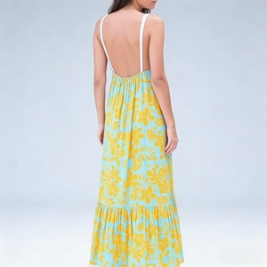 Robe longue fluide personnalisée pour <span class=keywords><strong>femme</strong></span>, imprimé floral tropical, bretelles spaghetti, col halter, ourlet à volants, idéale pour les vacances d'été à <span class=keywords><strong>la</strong></span> <span class=keywords><strong>plage</strong></span> - Product Image 3