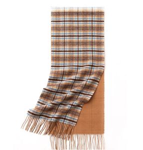 Châle réversible en laine à carreaux marron et bleu, et camel uni, avec pompons, pour femme, usage quotidien automne - Product Image 4