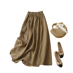 Hot Sale Vintage Style A-Line Natural Breathable 70% Cotton 30% Linen <b>Skirts</b> <b>Elastic</b> <b>Waist</b> Pockets for Women's - Product Image 1