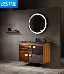 BESTME meuble de salle de bain en bois de chêne coloré, meuble de salle de bain