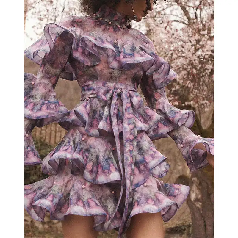 2023 European And American Fashion Bohemian Stand Neck Long Sleeve Ruffle Waist Cake Dress Short Elegant Floral Print Dresses