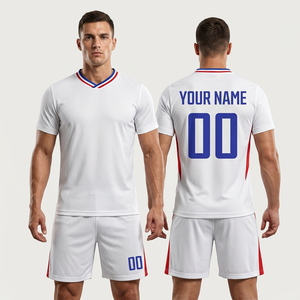Ensemble de maillot de football personnalisé pour homme, bleu, col en V, manches courtes, impression sublimée, short blanc, tissu respirant, vêtements d'équipe pour adultes - Product Image 5