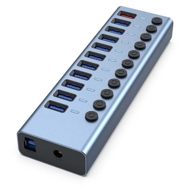 Multiport 3.0 11 in 1 USB Hub Individual Power Switches 11 Ports Powered USB Splitters Aluminium Alloy SD USB Hub