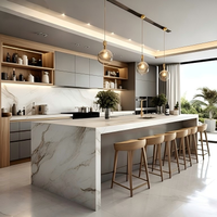 Meubles de cuisine modernes en bois grainé avec îlot, ensemble d'armoires de cuisine personnalisées en contreplaqué MDF et bois massif