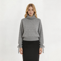 Pull en maille ras-du-cou pour femme, gris uni, à motif quadrillé ajouré, avec manches raglan, cordon de serrage à la manche, coupe ample et courte, style décontracté
