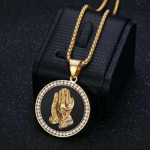 Hip Hop glacé CZ prière bouddha <span class=keywords><strong>main</strong></span> religieux étanche Non ternir acier inoxydable bijoux pendentif colliers pour hommes femmes - Product Image 5