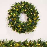 Karangan Bunga Natal Artifisial Grosir dengan Lampu LED Putih Hangat 60cm Karangan Bunga PVC Evergreen untuk Dekorasi Rumah