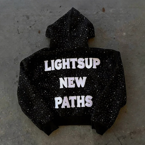 Streetwear Heavyweight Zip Hoodie Manufacturers Cotton Custom Embroidered Zipper Hoodie Men Oversized Rhinestone Zip up Hoodie - Product Image 2