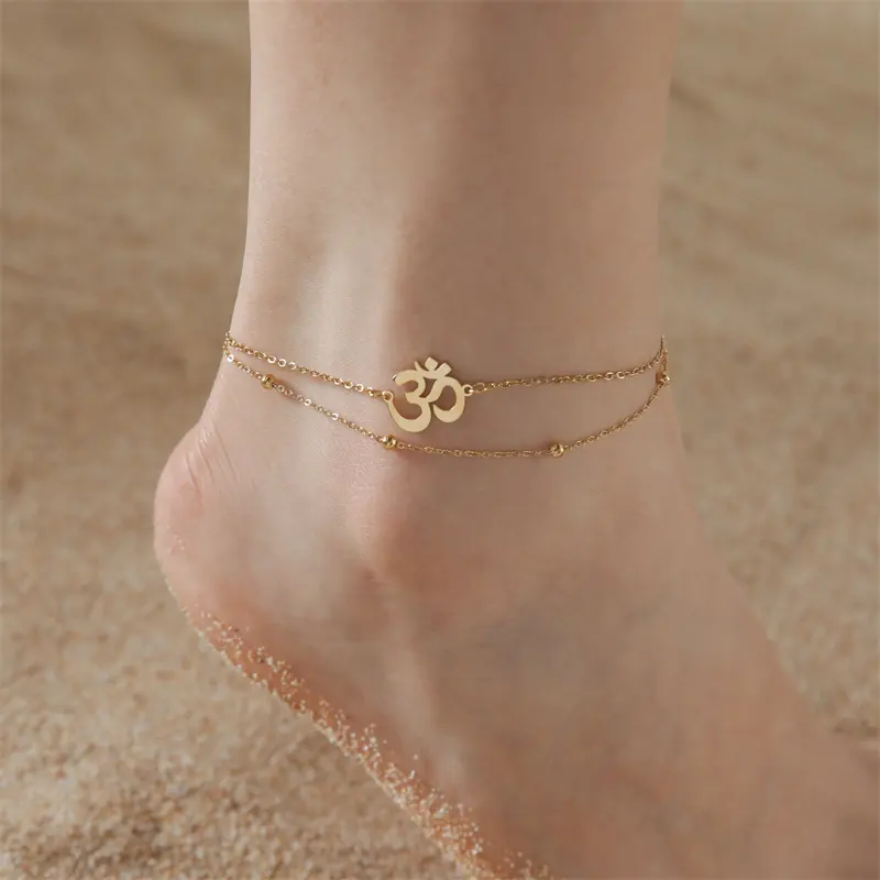Hot selling yoga OM anklet women's stainless steel double-layer bead chain anklet fashion beach accessories feet chain