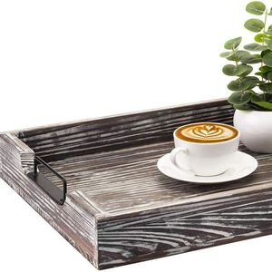 Plateau de service en bois massif avec poignée en métal, style vintage, plateau de petit-déjeuner en bois pour le thé, le café, usage hôtelier - Product Image 2