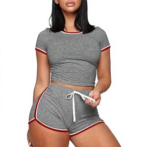 Women Gray Solid Color Short Sleeve Shorts Lounge Set Round Neck Drawstring Knitted Breathable Summer Casual Sleepwear 2 Pieces - Product Image 2