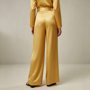 <span class=keywords><strong>Pantaloni</strong></span> Palazzo da Donna in Raso Color <span class=keywords><strong>Senape</strong></span> a Vita Alta, Gamba Larga, con Cintura, Eleganti per Feste Estive e Serate, Modello Fluido a Gamba Dritta - Product Image 3