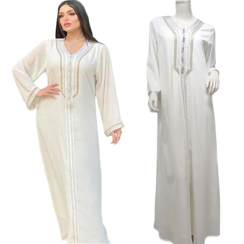 Nuovo Set alla moda di abito donna Dubai Abaya Maxi Design moderno con panno di lino tinta unita