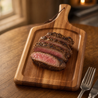 Planche de service en bois d'acacia naturel poli et durable avec poignée et rainure à jus pour fêtes, steaks, barbecues et charcuteries