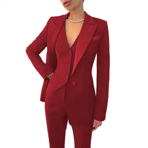 エレガントな赤いブルゴーニュの女性のスーツ3ピースセットフォーマルなキャリアオフィスカジュアルレディースビジネススーツ女性のためのブレザー