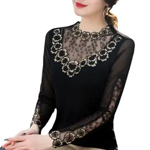 Hot Sales Hollow Out Lace Feminine Women Fashion Elegant Lady Vintage Flower Black Lace Tops Blouses