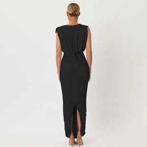 Robe de soirée femme unie, col en V profond, sans manches, plissée, coupe ajustée, respirante, taille naturelle, tenue décontractée - Product Image 4