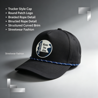 Casquette de baseball noire respirante avec logo personnalisé en PVC et caoutchouc, décor en corde tressée et découpe laser
