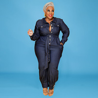 Combinaison en Jean Femme Grande Taille Automne Hiver 2025, Coupe Ajustée, Col en V, Manches Longues, Décontractée, Taille Haute, Respirante