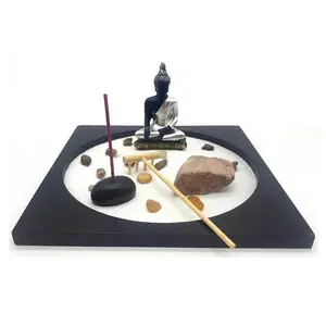 Buddha statue with large round compartment, wooden rake, incense door, sand, pebbles for Composition of a Zen Space