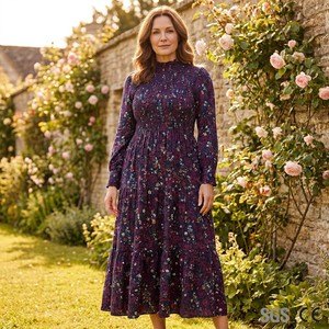<span class=keywords><strong>Robe</strong></span> <span class=keywords><strong>longue</strong></span> smockée florale à col montant et manches longues pour <span class=keywords><strong>femme</strong></span>, motif <span class=keywords><strong>Liberty</strong></span>, style Heritage, taille plus UK 5X, personnalisable ODM - Product Image 1
