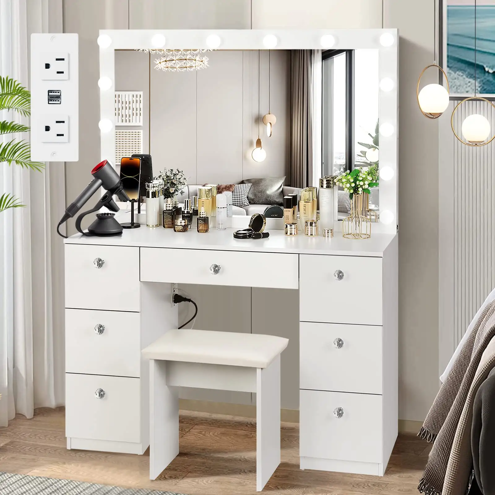 Moderne Houten Muur-Gemonteerde Kaptafel Met Led Spiegel En Laden Luxe Hollywood Make-Up Make-Up Ontwerp Voor Slaapkamer