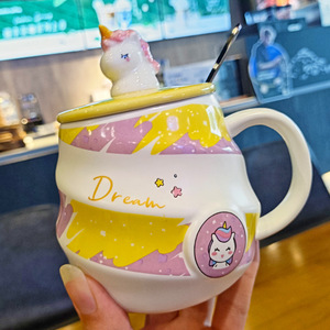Einhorn Keramik Tasse mit Thermo deckel niedlichen Cartoon Creative Ins Büro Kaffee becher Großhandel Geschenk becher für Wasser Bier Tee Wein - Product Image 3