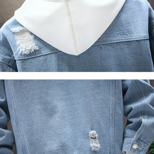 Custom Scratch Destroyed Ripped Blue Washed Denim Jacket para <span class=keywords><strong>Hombre</strong></span> Trend Ins Y2K Vintage Jacket - Product Image 4