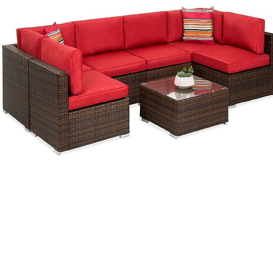 Модульная уличная секционная плетеная мебель для патио Набор для разговора/6 стульев, 2 подушки, зажимы для сидений, кофейный столик