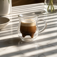 Mug à thé et lait en verre borosilicate à double paroi, résistant à la chaleur, 250 ml (8 oz), avec poignée, motif « Udder de vache », très populaire