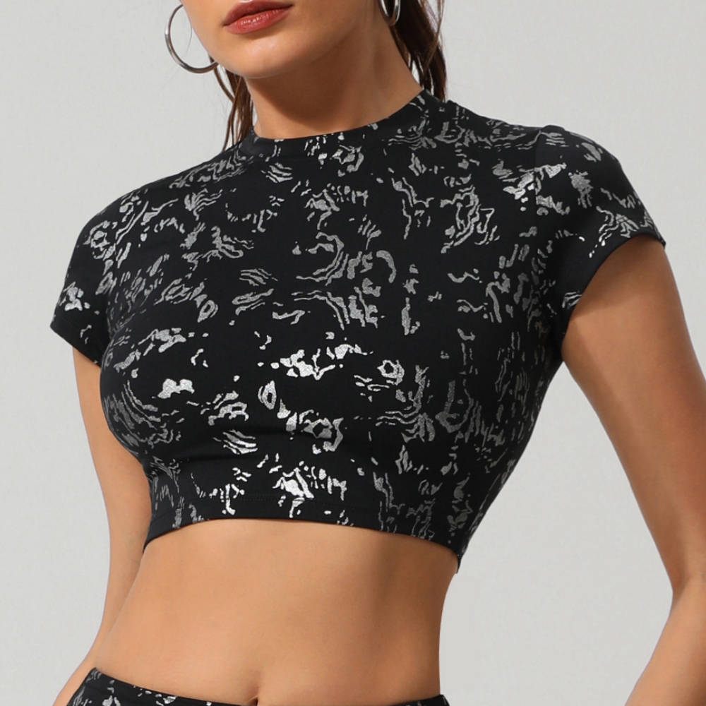 Women's Hot Stamping Round Neck Short Sleeve Slim Fitted Running Gym T Shirts Breathable Nylon Basic Yoga T-shirt for Women
