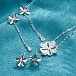 Fashionable 925 Sterling Silver Long Tassel Chain Flower Leaf Pendant Women's Jewelry Earrings