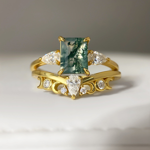 Modern Design Moss Agate Engagement <b>Ring</b> Green Ethnic Style Gemstone Jewelry with <b>Stack</b> <b>Ring</b> Wedding Band - Product Image 1