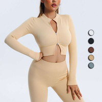 Ensemble de yoga côtelé 6 pièces pour femme 2022, couleur naturelle, avec fermeture éclair, tenue de sport sans couture, vêtements de fitness pour la gym et l'entraînement