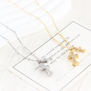 Collana con Doppia Croce in Zirconi, Ciondolo alla Moda con Catena per Uomo e Donna, Regalo per Coppie, in Acciaio Inossidabile Placcato Argento - Product Image 3