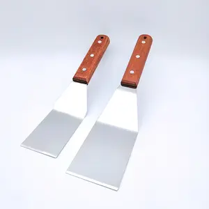 Espátula de madera de acacia con soporte, utensilio de cocina para hamburguesas de acero inoxidable, espátula y cuchara