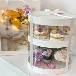 厂家批发豪华塑料透明蛋糕礼品盒金色高大圆形准备发货花蛋糕盒