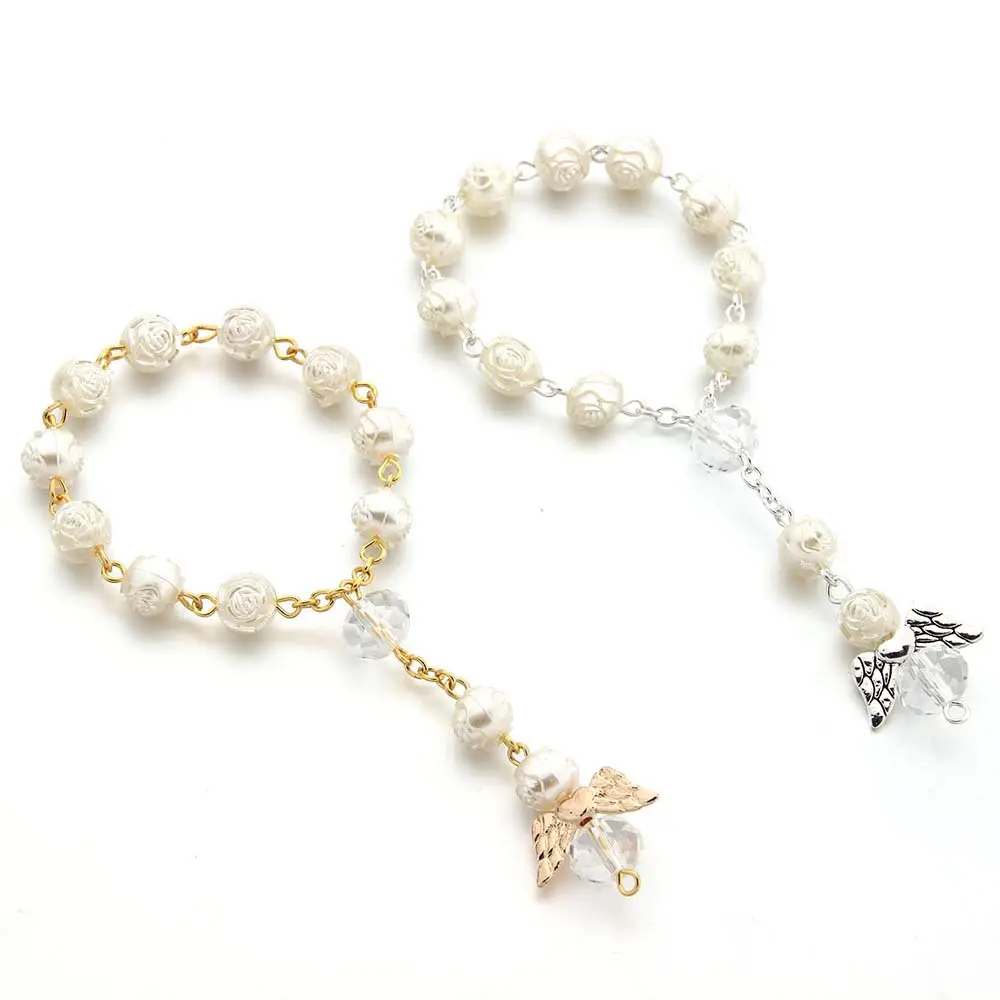 Pulseira de miçangas religiosas de venda por atacado amor asas de anjo rosa pérola charme feminino